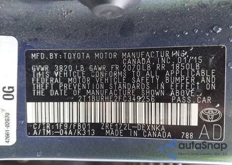 2015 Toyota Corolla Le Plus z USA, uszkodzony, nr VIN 2T1BURHE2FC349256